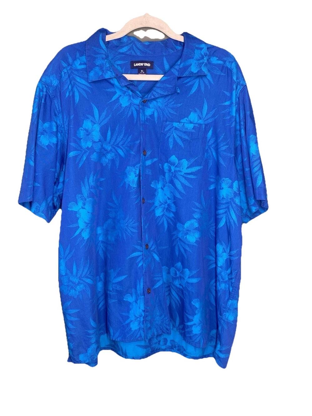Lands End Shirt Mens Large 46-48 Aloha Tropical Print Short Sleeve Button Up